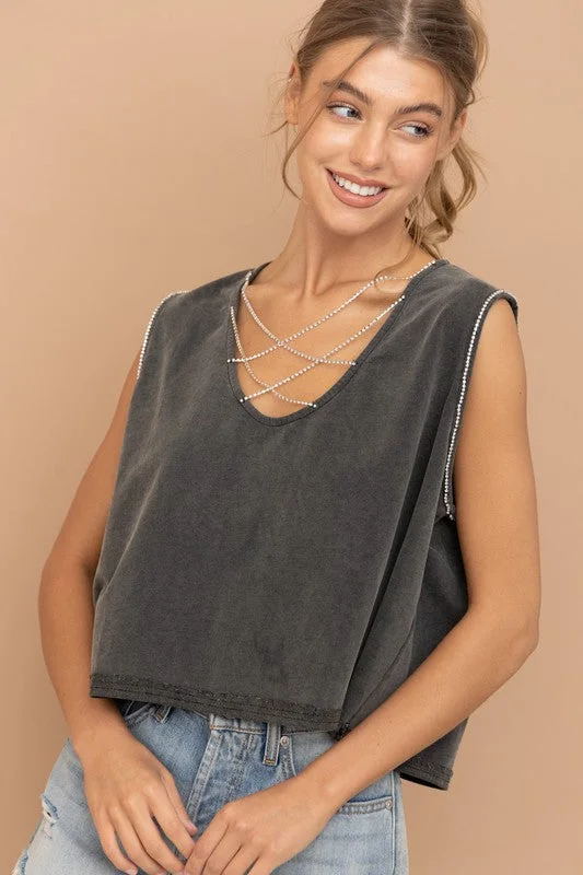 Blue B Mineral Washed Rhinestone Tank Casual Women's Japanese 