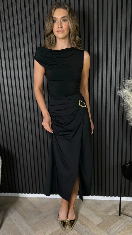 Brodi Black Buckle Detail Wrap Effect Midi Skirt Modern Women's 
