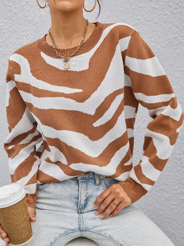 Casual Zebra Stripe Long Sleeve Round Neck Regular Women Sweater Sleek Women's Metallic Casual Zebra Stripe Long Sleeve Round Neck Regular Women Sweater Sleek Women's Metallic