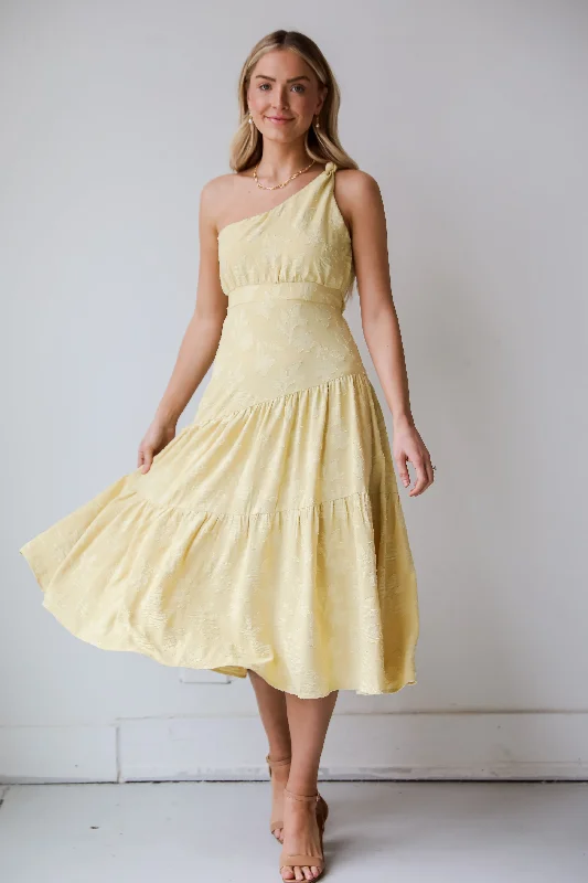 FINAL SALE - Sunshine Daydream Yellow One-Shoulder Tiered Midi Dress Feminine Women's Style 