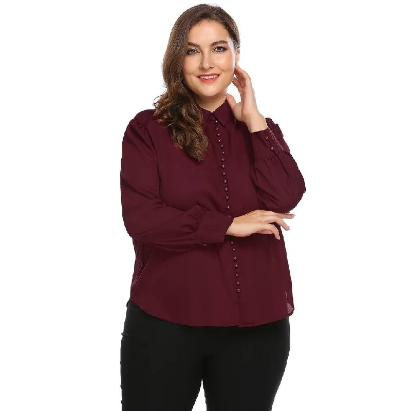 ANALUKE Loose Curved Hem Button  Long Sleeve Blouse Relaxed Women's 