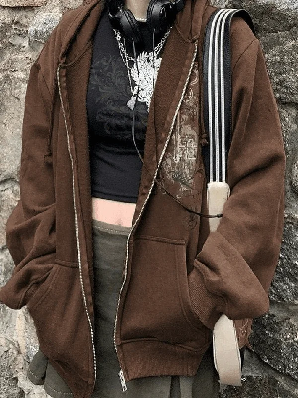 Vintage Totem Print Zip Up Hoodie Earthy Women's 