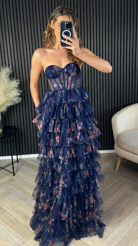 Talia Navy Floral Print Tiered Tulle Midi Dress Confident Women's High - fashion