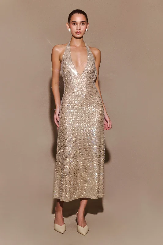 Genie Diamante Halter Midi Dress - Nude Preppy Women's College