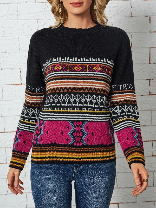 Casual Geometric Long Sleeve Round Neck Regular Women Sweater