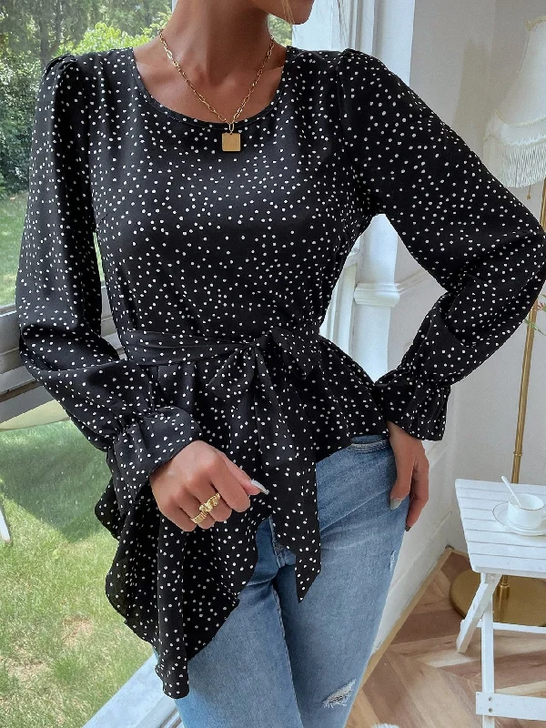 Casual Polka Dot Belted Long Sleeve Round Neck Asymmetrical Regular Blouse Monochromatic All - in - one