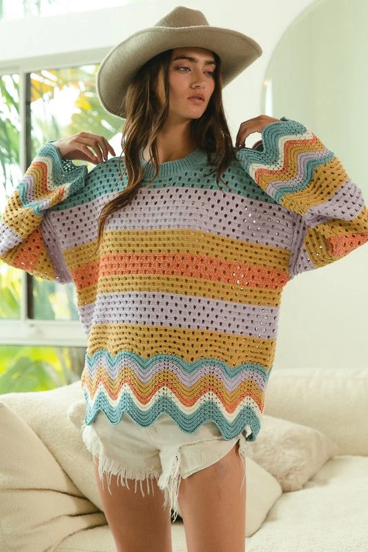 Wavy Hem Openwork Contrast Round Neck Sweater | Sweater Weather | Cozy Women's Winter