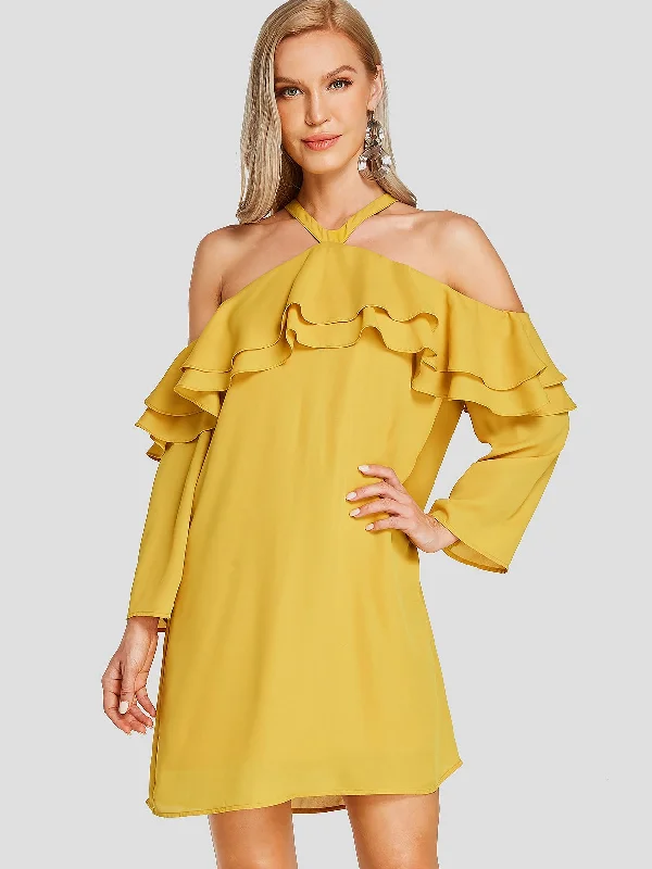 Wholesale Yellow Cold Shoulder Long Sleeve Plain Double Layer Mini Dresses Business