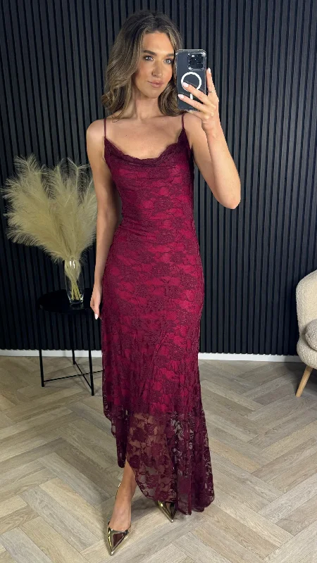 Brooklyn Burgundy Floral Pattern Cami Strap Midi Dress Women