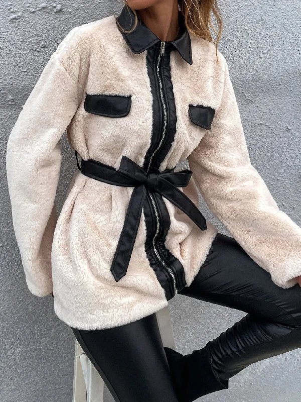 Casual Colorblock Contrast Binding Long Sleeve Collar Short Women Coat Country