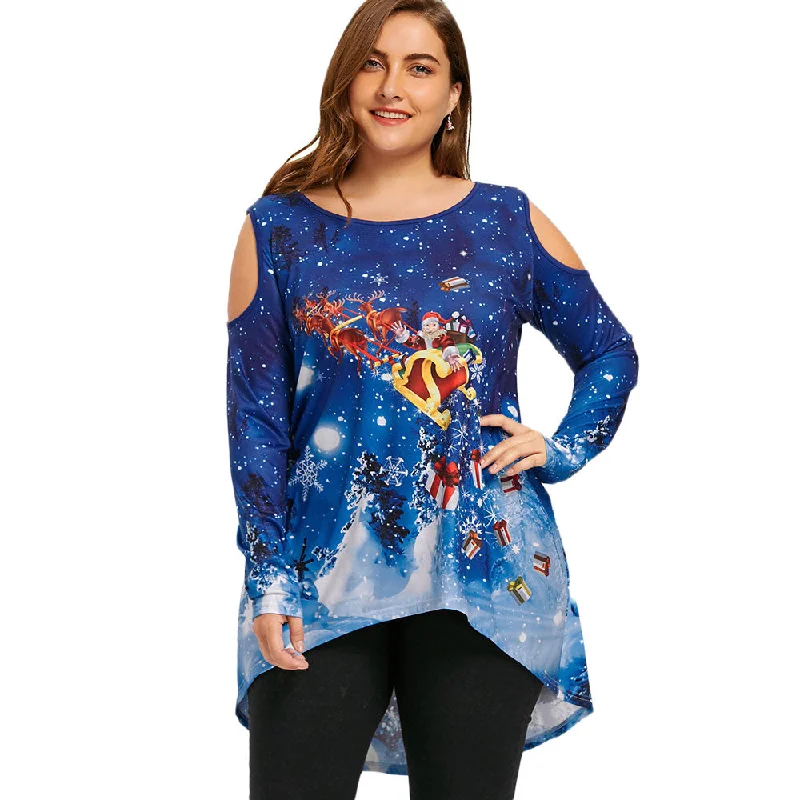 ANALUKE Christmas Santa Print Dip Long Sleeve T-Shirt Confident Women's Power