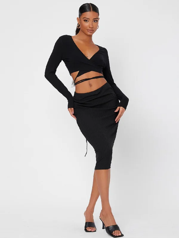 Sexy Plain Wrap Long Sleeve V Neck Crop Women Top Casual Women's Japanese 