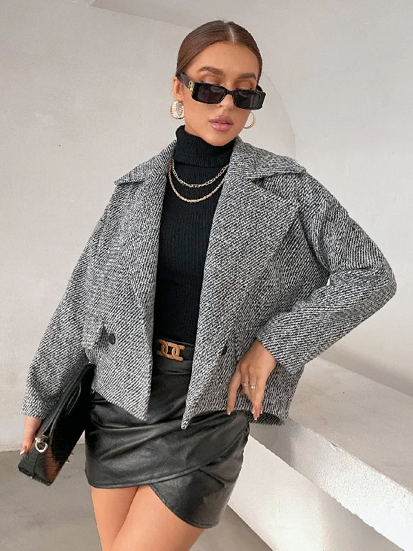 Plain Double Button Long Sleeve Lapel Regular Women Overcoat Contemporary 
