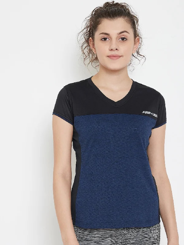 JUMP USA Women Black & Navy V-Neck Training T-shirt Sharp Women's Italian