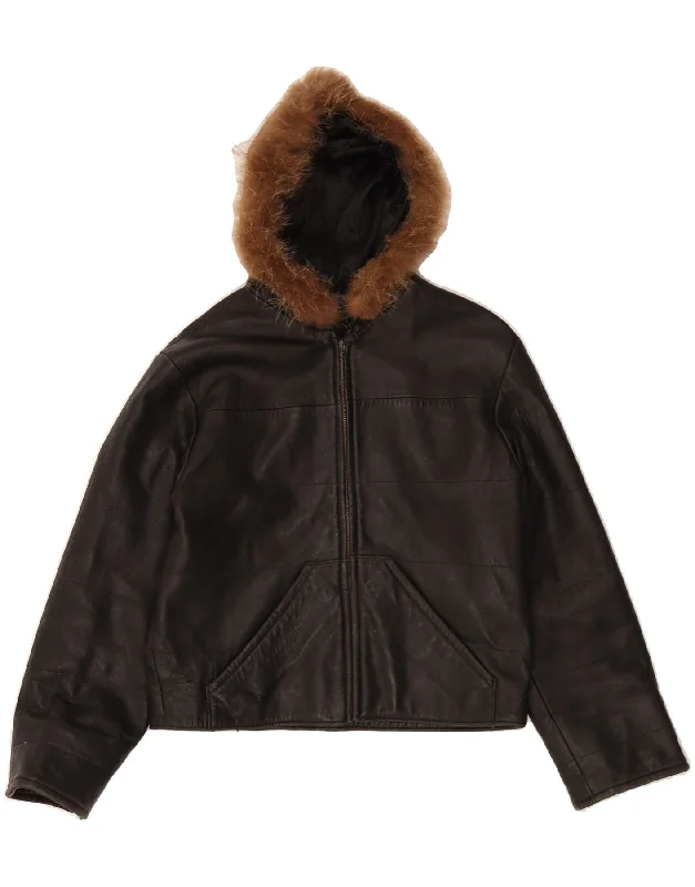 VINTAGE Womens Crop Hooded Leather Jacket UK 10 Small Black Leather Classic Women's Pin - striped