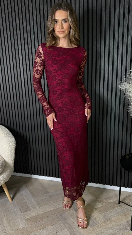 Annabella Burgundy Floral Lace Detail Backless Midi Dress Youthful Women's Pop