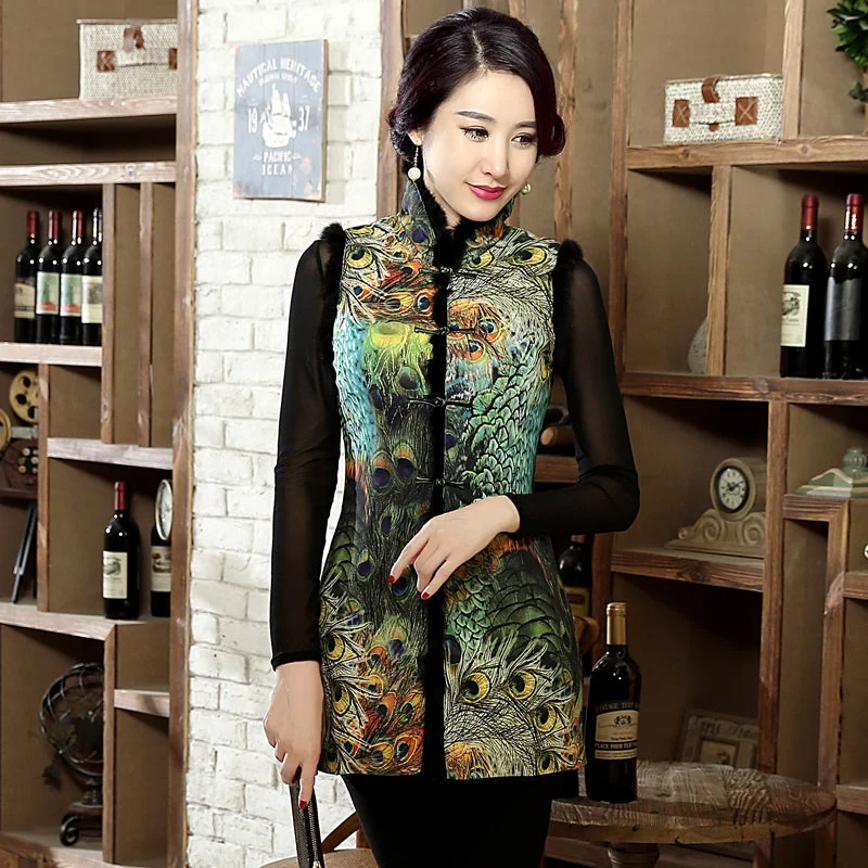 Peacock Feather Pattern Fur Collar & Edge Chinese Style Wadded Waistcoat Vest Streetwear Style for Peacock Feather Pattern Fur Collar & Edge Chinese Style Wadded Waistcoat Vest Streetwear Style for