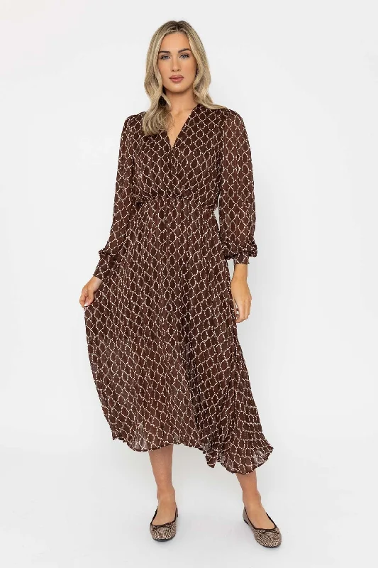 Long Sleeve Printed Midi Dress in Brown