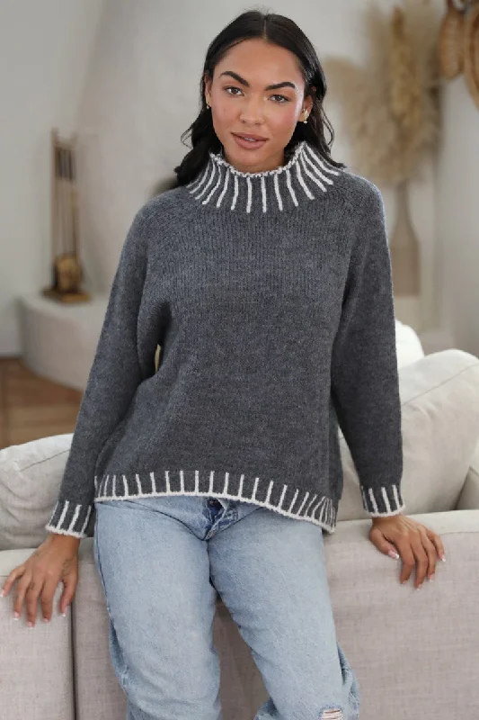 Gray Sweater with Stitching Earthy Women's 