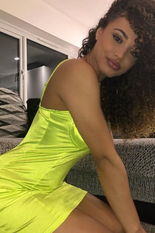 Neon Yellow Satin Clasp Front Cup Mini Dress - Teana