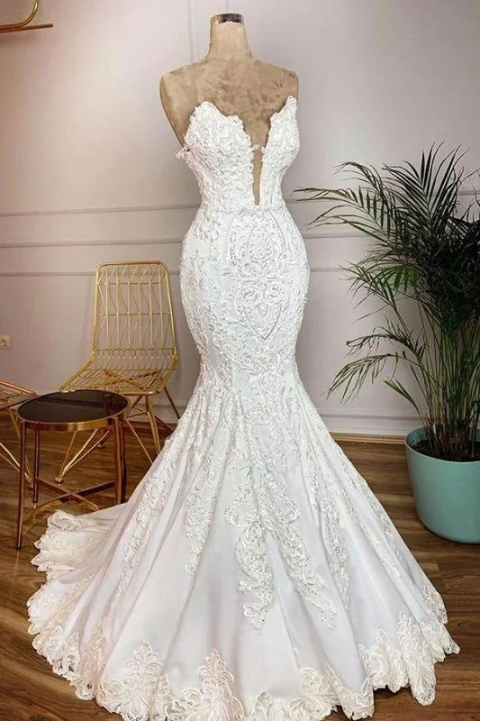 Bridelily Strapless Appliques Satin Mermaid Wedding Dress Sustainable Organic