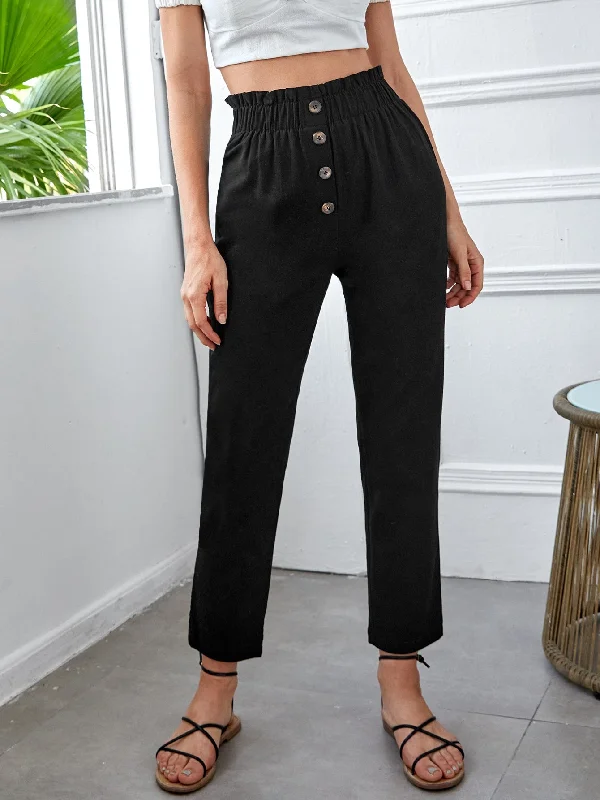 Casual Plain Paper Bag Waist High Waist Cropped Women Pants French