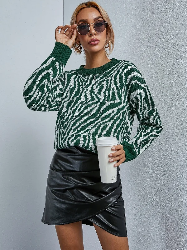 Casual Zebra Stripe Long Sleeve Round Neck Regular Women Sweater Sleek Women's 