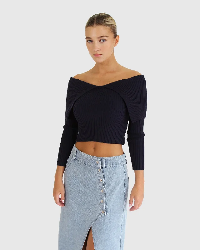 More Than Words Collared Knit Top - Navy Classic Women's Tweed