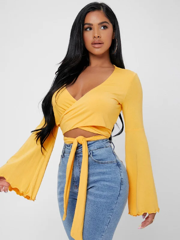 Sexy Plain Tie Front Long Sleeve Deep V Neck Crop Women Top Traditional Women's 
