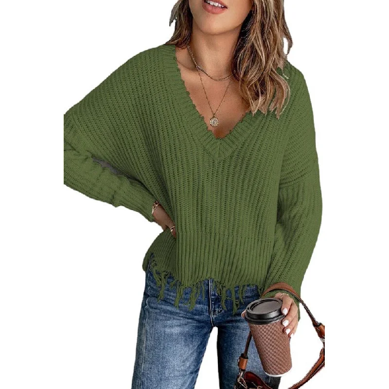 Loose Solid Color Fringe Hem Long Sleeve Pullover Knit Sweater Wholesale Womens Tops Youthful Women's Pop Loose Solid Color Fringe Hem Long Sleeve Pullover Knit Sweater Wholesale Womens Tops Youthful Women's Pop
