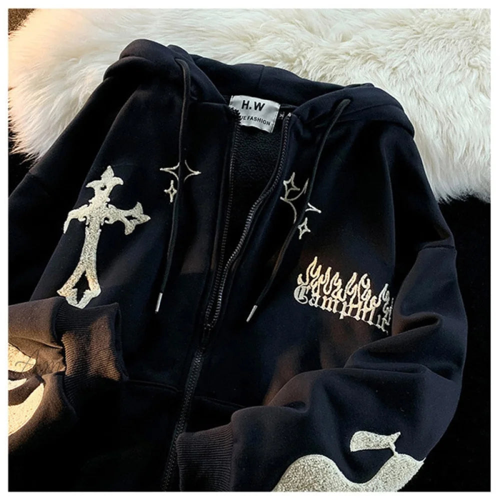 Amy Fashion - Y2k Rhinestone Skeleton Goth Hoodie Relaxed Women's 