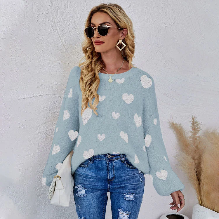 Fashion Valentine'S Day Long Sleeve Heart Print Crew Neck Knit Sweater Wholesale Womens Tops Hip Women's Urban