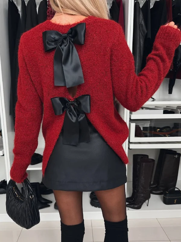 Bow Slit Back Round Neck Sweater | Holiday Sweater | Winter Fashion Sporty Women's Athleisure Bow Slit Back Round Neck Sweater | Holiday Sweater | Winter Fashion Sporty Women's Athleisure