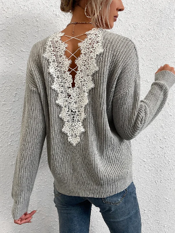 Casual Colorblock Contrast Lace Long Sleeve V Neck Regular Women Sweater Cozy Women's Sherpa - lined Casual Colorblock Contrast Lace Long Sleeve V Neck Regular Women Sweater Cozy Women's Sherpa - lined