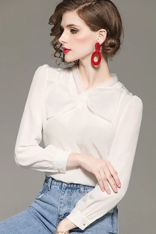 White Chiffon Blouse W/ Bow Tie Confident Women's High - fashion