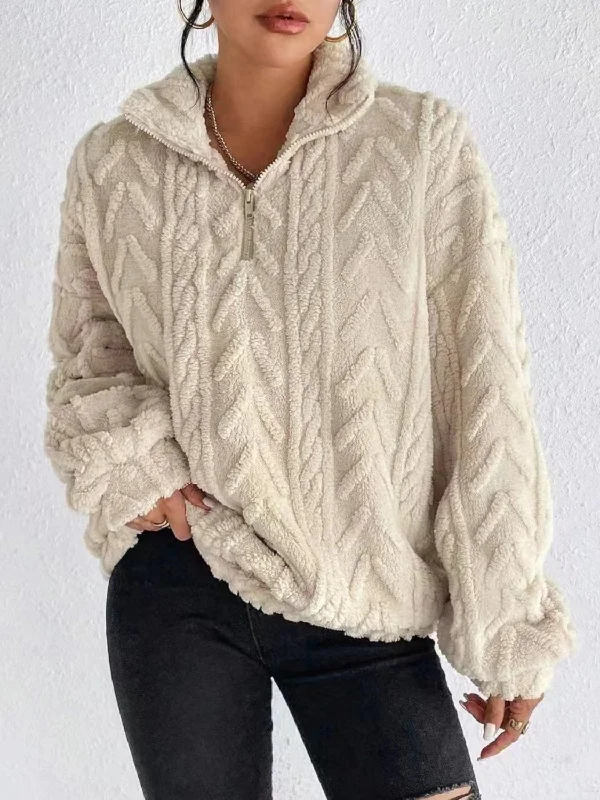 Fuzzy Quarter Zip Long Sleeve Sweatshirt | Winter Fashion Classic Women's Tweed