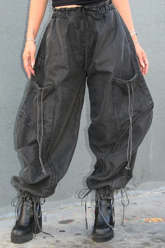 Drawstring Denim Cargo Pants Preppy Women's College