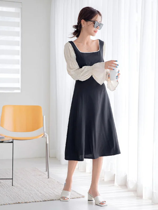 Colorblock Ruffle Long Sleeve Square Neck Flared Natural Midi Dress Earthy Women's 