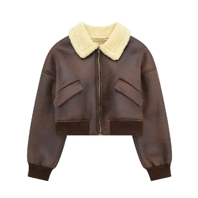 Fashionable All-match Lapel Long Sleeve Zipper Double-sided Flight Jacket Athletic Women's 
