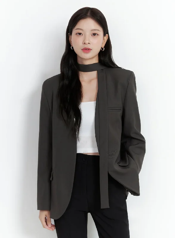Collarless Chic Tie Blazer Jacket OS423 Youthful Women's Pop