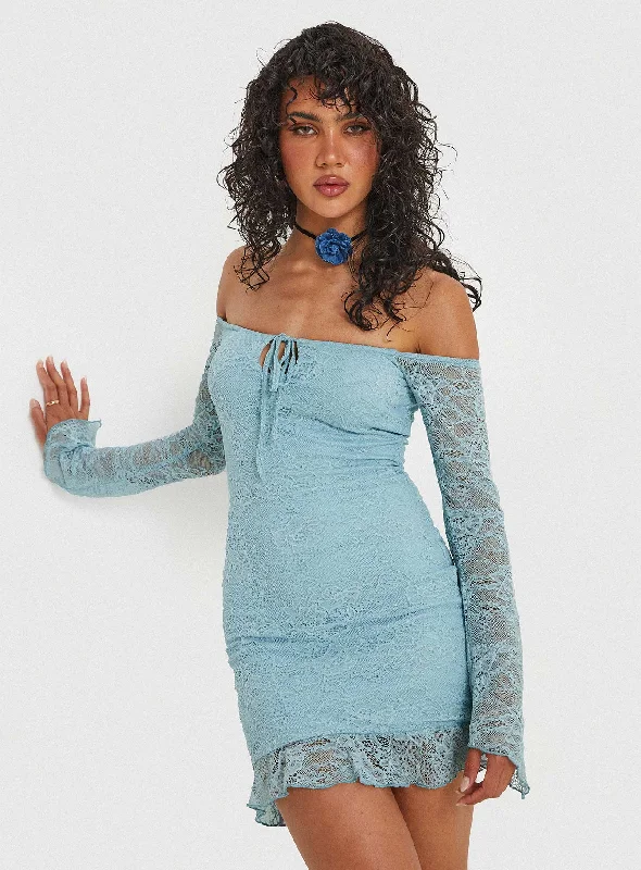 Boville Off The Shoulder Lace Mini Dress Blue Vacation
