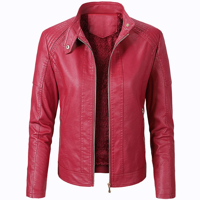 Long Sleeve Ladies Leather Jacket Pu Leather Women Short Polished Women's Silk