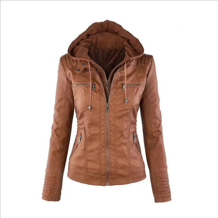 Stand-up Collar Zipper Long-sleeved Solid Color Women's Leather Jacket Cashmere