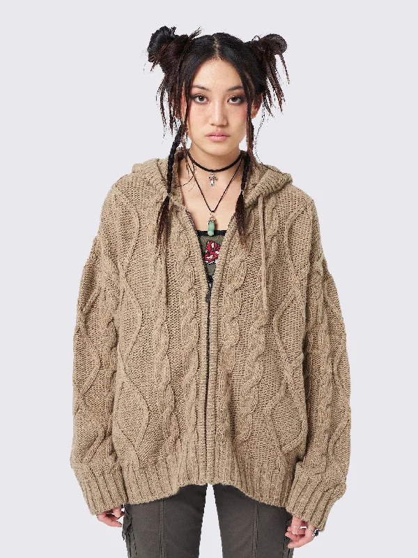 Eli Beige Zip Up Cable Knit Cardigan Sleek Women's 