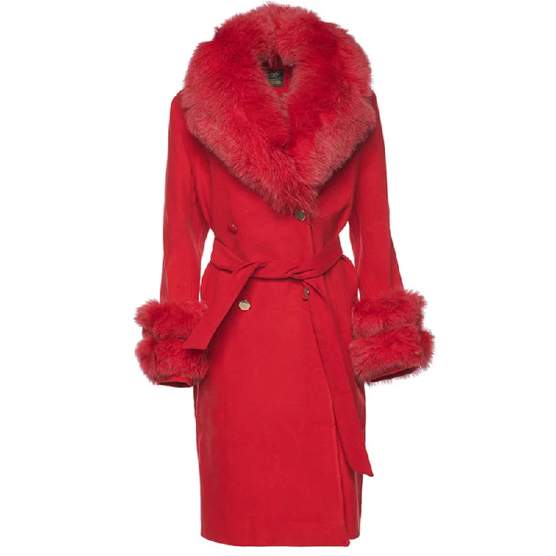 Aria Red chic long cashmere blend coat with fox fur Confident Women's Power
