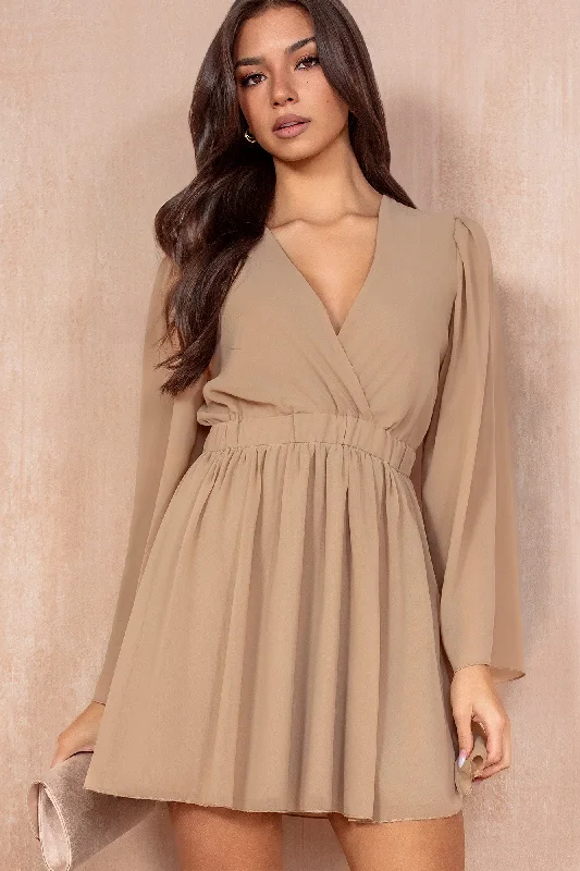 Fia Camel Chiffon Wrap Dress