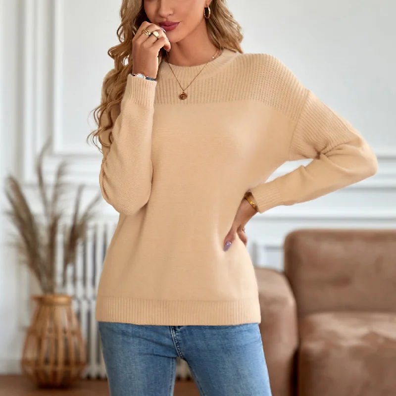 Solid Colour Loose Round Neck Long Sleeve Sweater wholesale womens tops