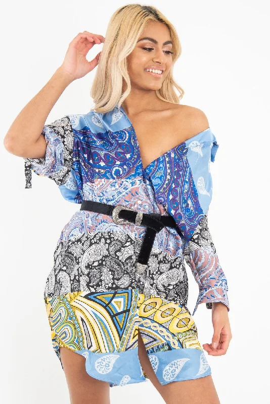 Blue Paisley Satin Midi Shirt Dress - Ilsa