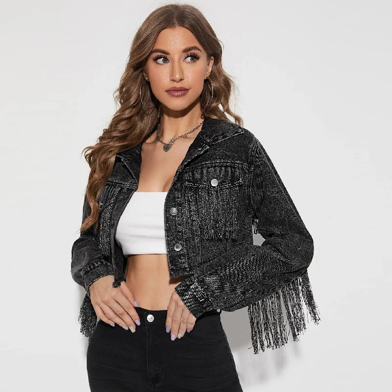 Women's Fashionable Fringed Stitching Distressed Denim Jacket Bohemian Women's Free