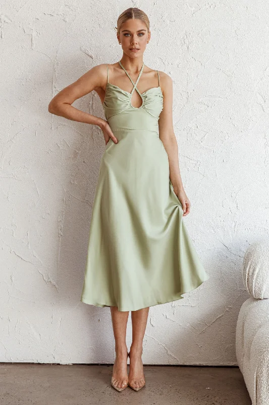 Emmalie Satin Midi Dress Sage